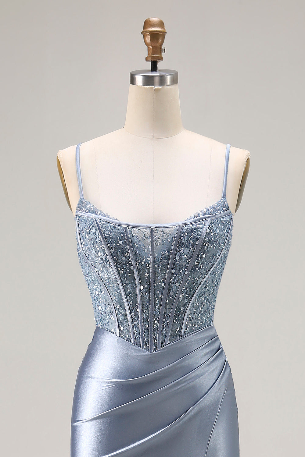 Sparkly Grey Blue Corset Mermaid Long Prom Dress with Beading