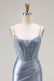 Sparkly Grey Blue Corset Mermaid Long Prom Dress with Beading