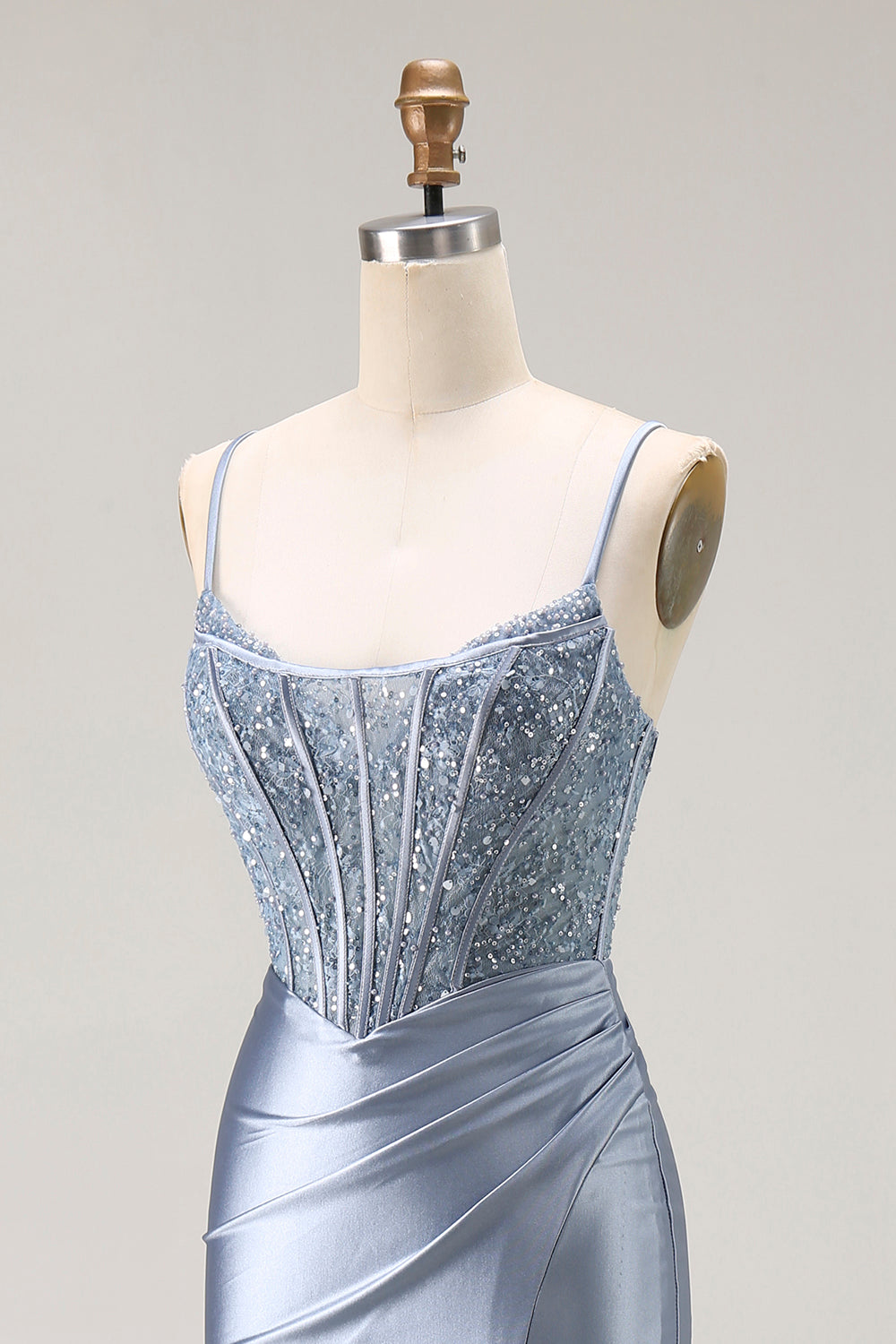 Sparkly Grey Blue Corset Mermaid Long Prom Dress with Beading
