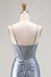 Sparkly Grey Blue Corset Mermaid Long Prom Dress with Beading