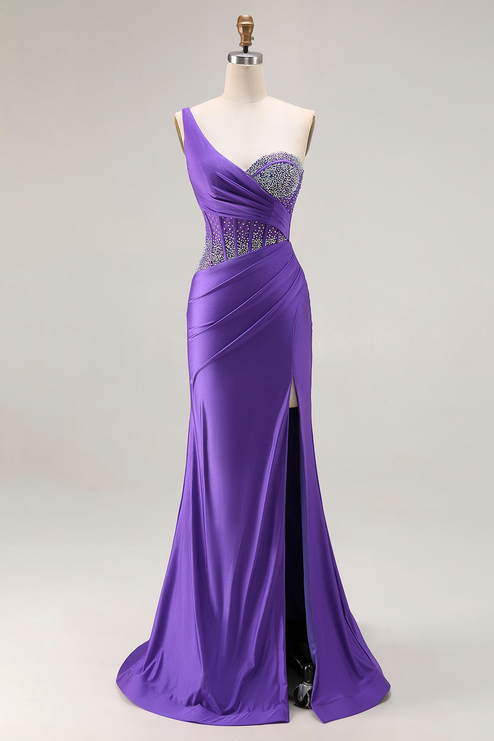 Sparkly Dark Purple Corset One Shoulder Long Prom Dress with Beading