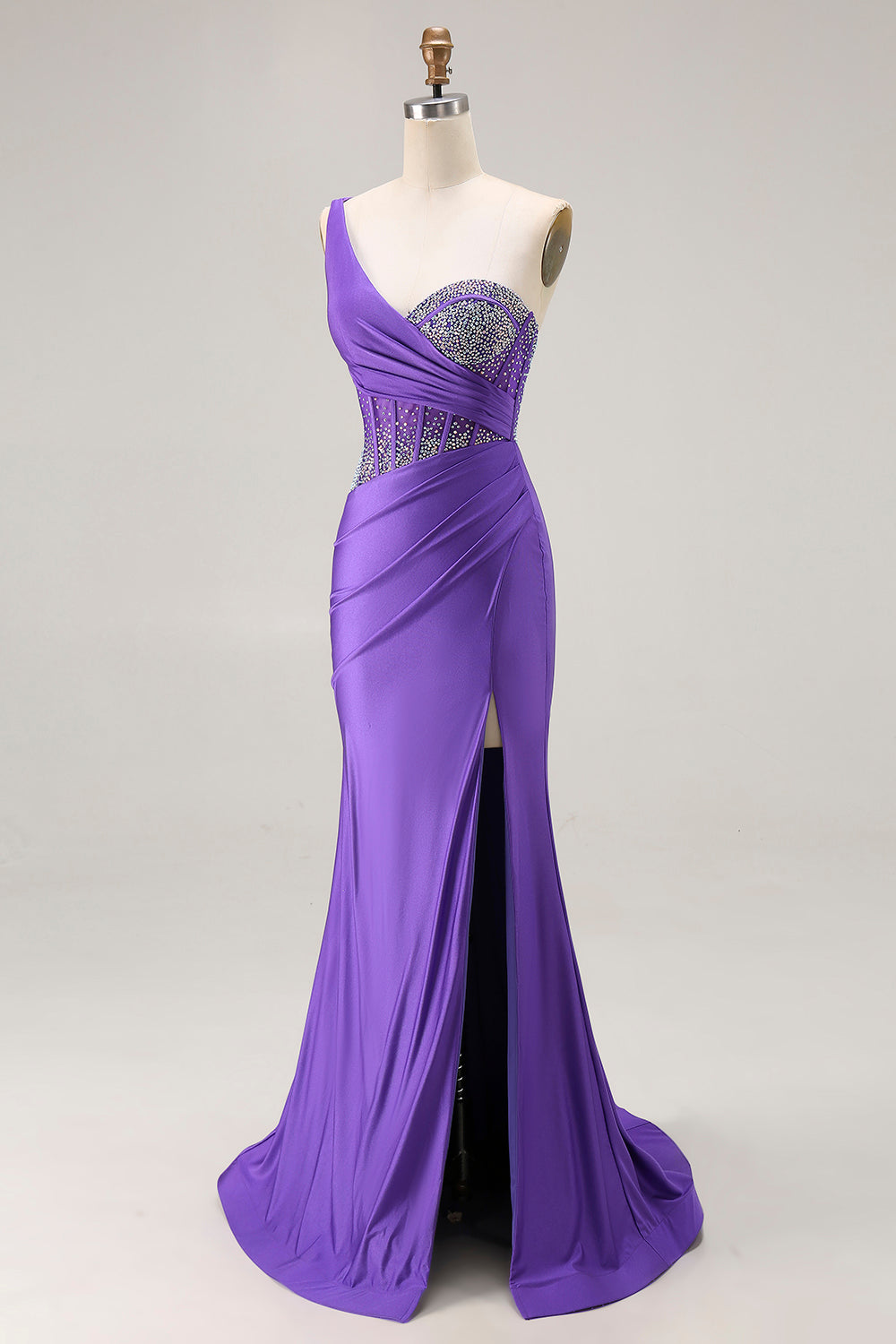 Sparkly Dark Purple Corset One Shoulder Long Prom Dress with Beading