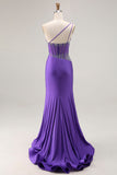 Sparkly Dark Purple Corset One Shoulder Long Prom Dress with Beading