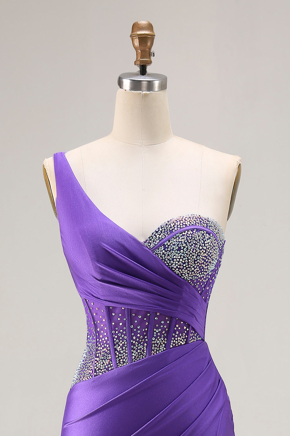 Sparkly Dark Purple Corset One Shoulder Long Prom Dress with Beading