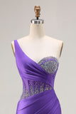 Sparkly Dark Purple Corset One Shoulder Long Prom Dress with Beading
