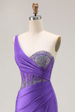 Sparkly Dark Purple Corset One Shoulder Long Prom Dress with Beading