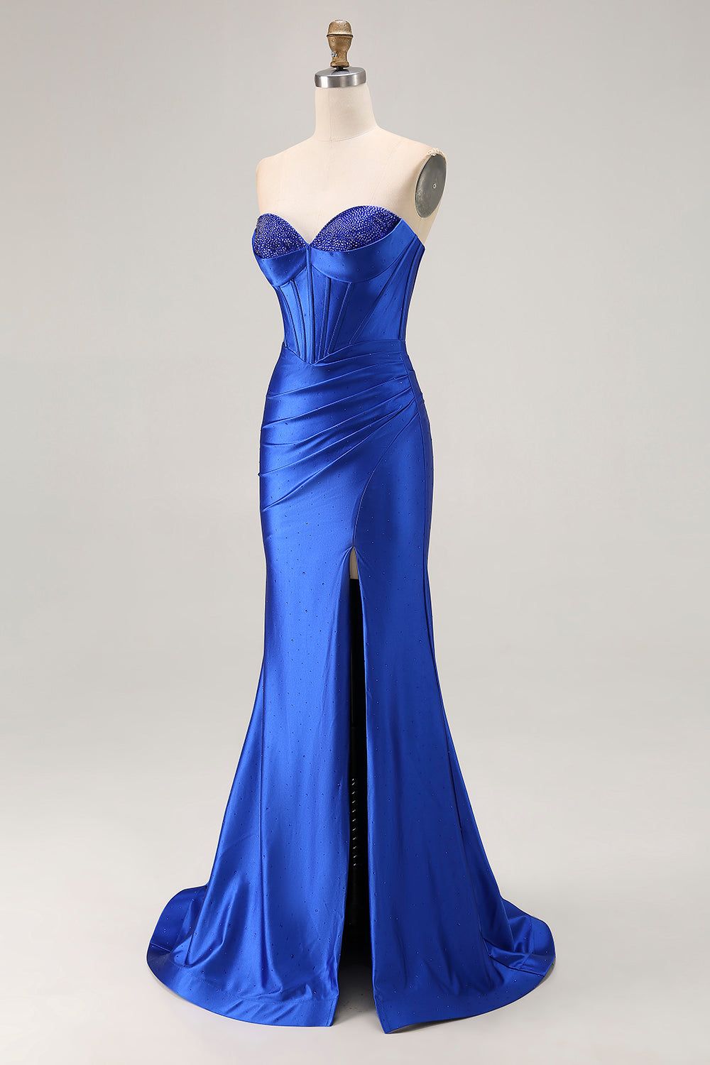 Sparkly Royal Blue Mermaid Satin Corset Long Prom Dress with Slit
