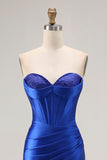 Sparkly Royal Blue Mermaid Satin Corset Long Prom Dress with Slit