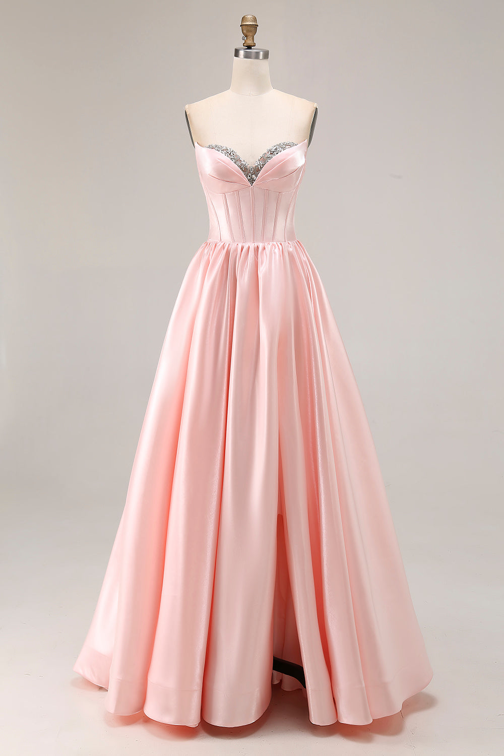 Sparkly Pink Satin Sweetheart A Line Long Prom Dress with Slit
