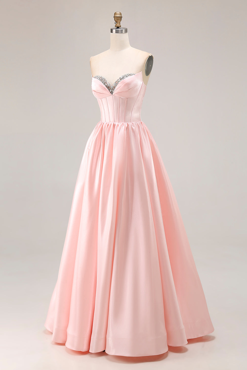 Sparkly Pink Satin Sweetheart A Line Long Prom Dress with Slit