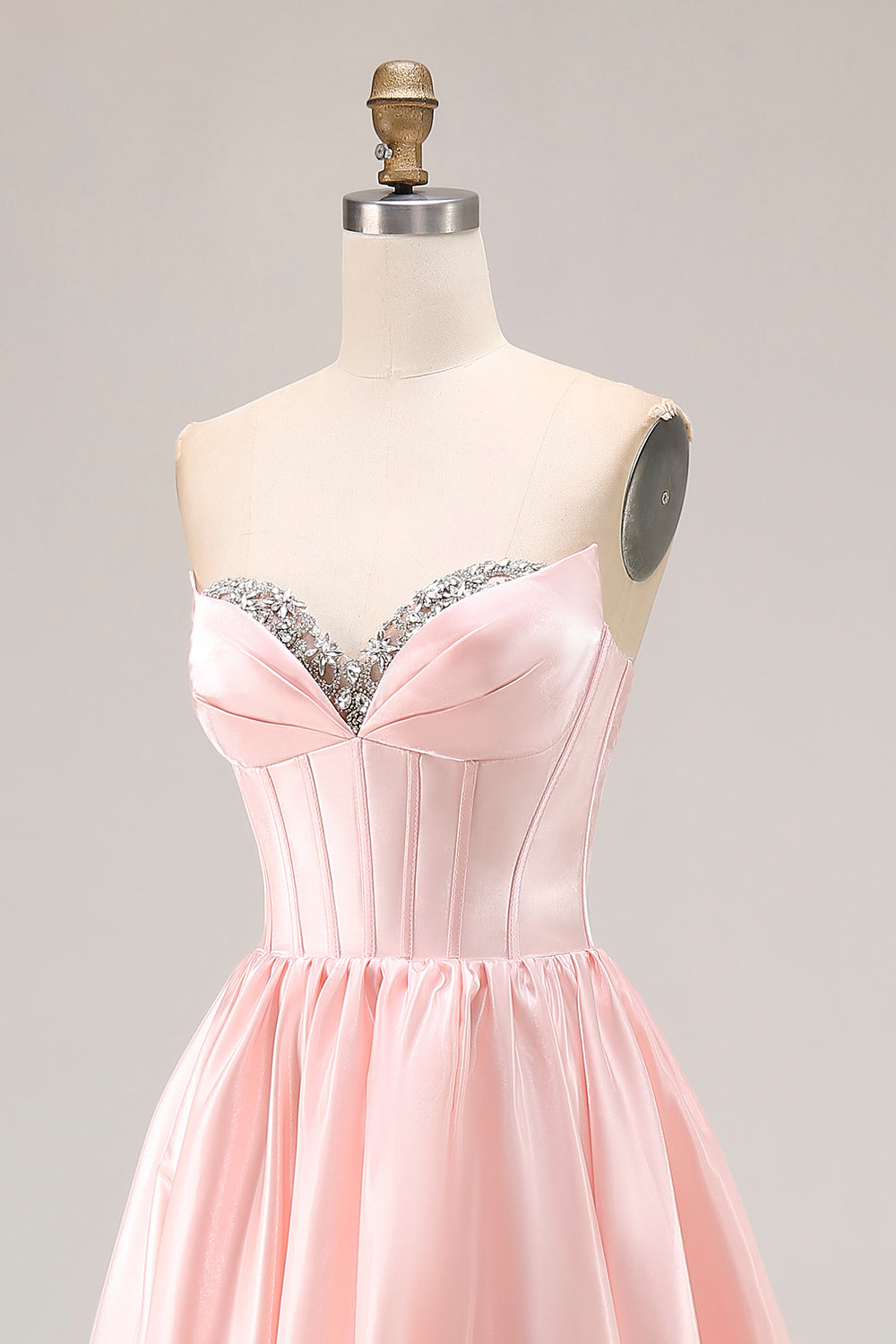 Sparkly Pink Satin Sweetheart A Line Long Prom Dress with Slit