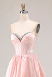 Sparkly Pink Satin Sweetheart A Line Long Prom Dress with Slit