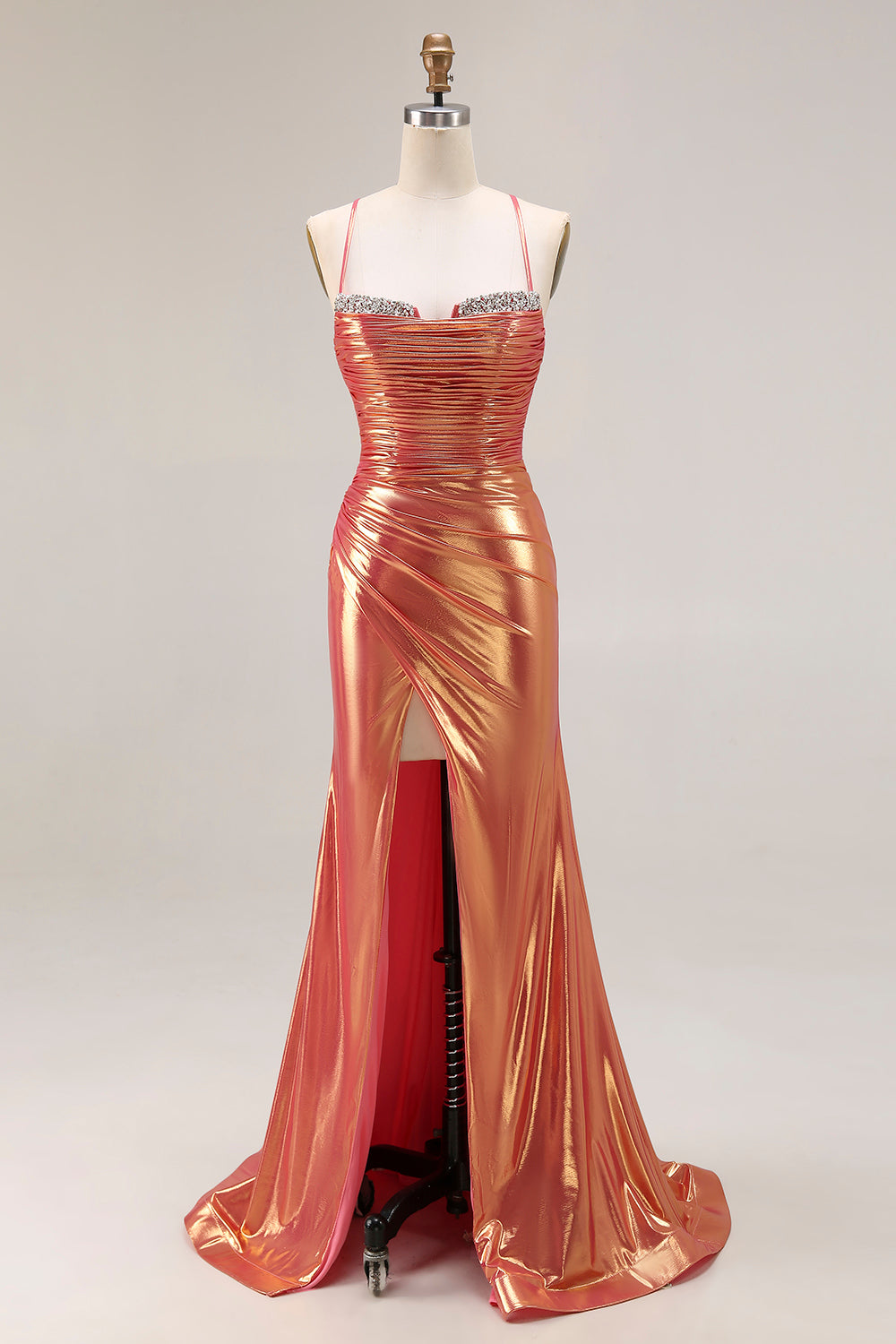 Sparkly Metallic Orange Mermaid Ruched Maxi Prom Dress with Slit