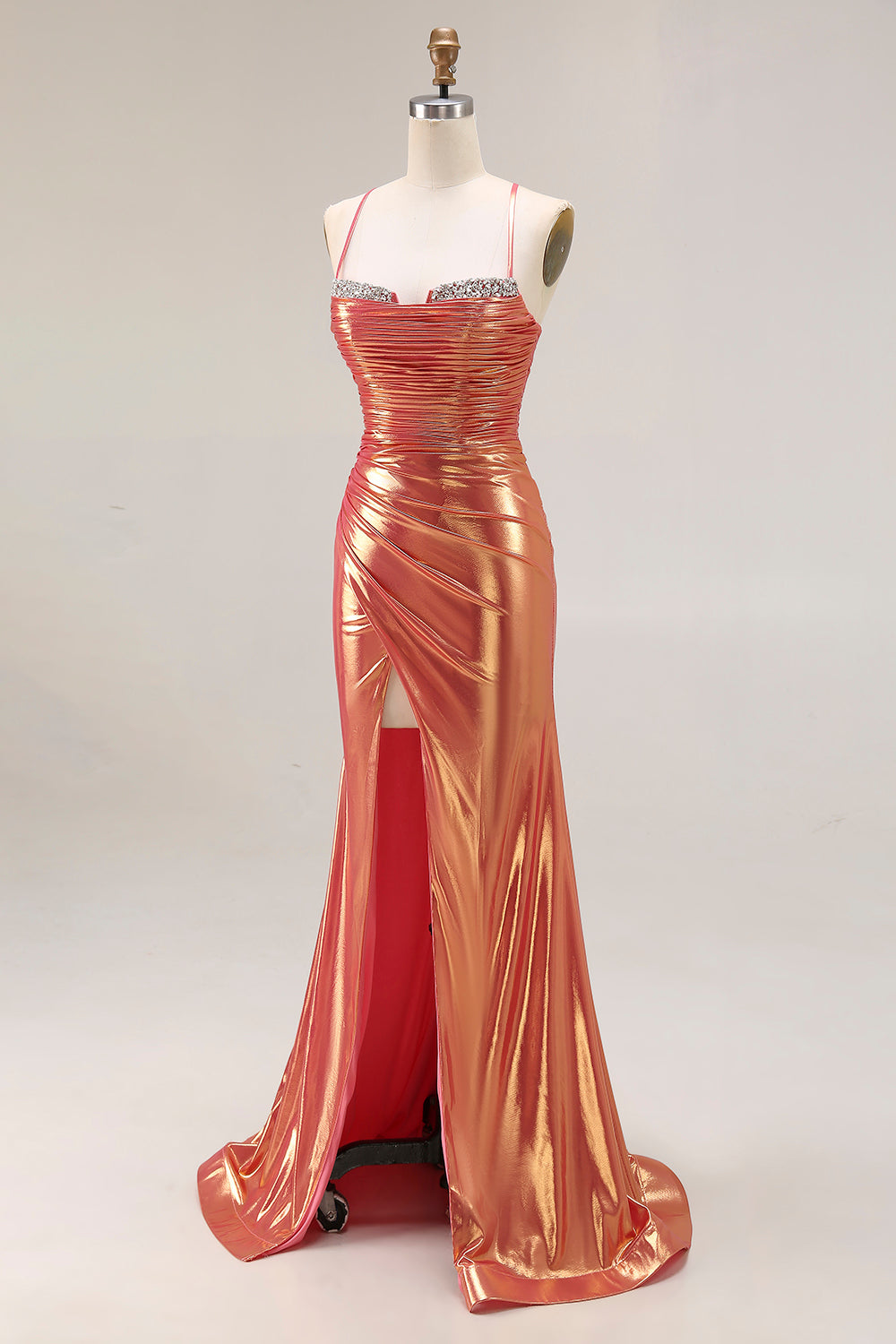 Sparkly Metallic Orange Mermaid Ruched Maxi Prom Dress with Slit