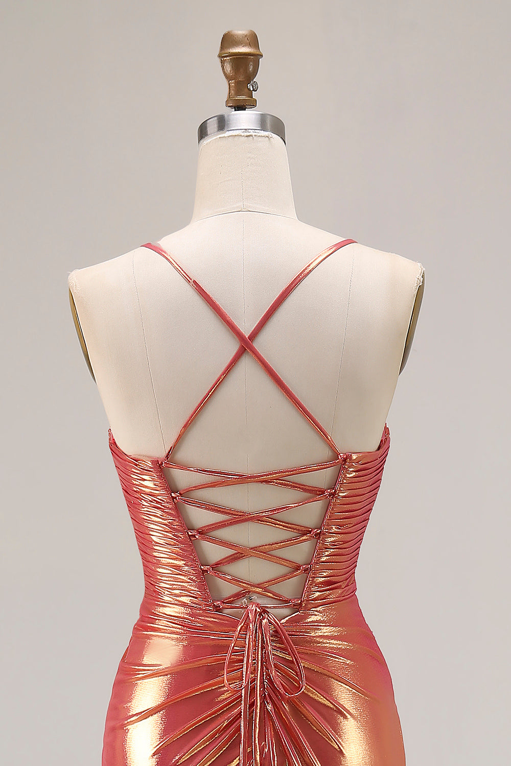 Sparkly Metallic Orange Mermaid Ruched Maxi Prom Dress with Slit