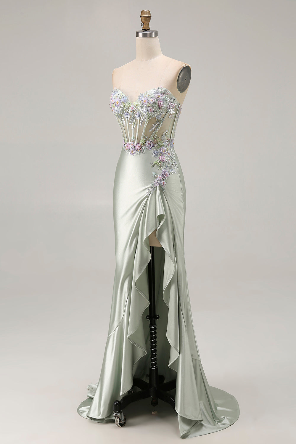 Sparkly Floral Dusty Sage Corset Sweetheart Long Prom Dress
