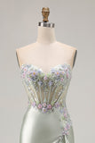 Sparkly Floral Dusty Sage Corset Sweetheart Long Prom Dress