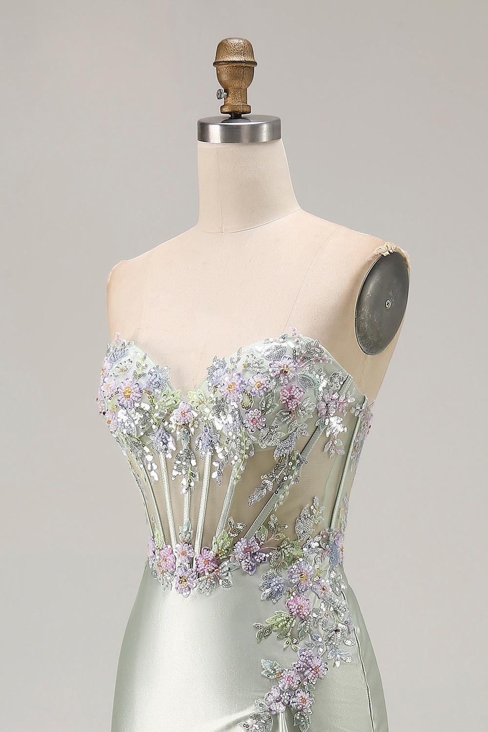 Sparkly Floral Dusty Sage Corset Sweetheart Long Prom Dress