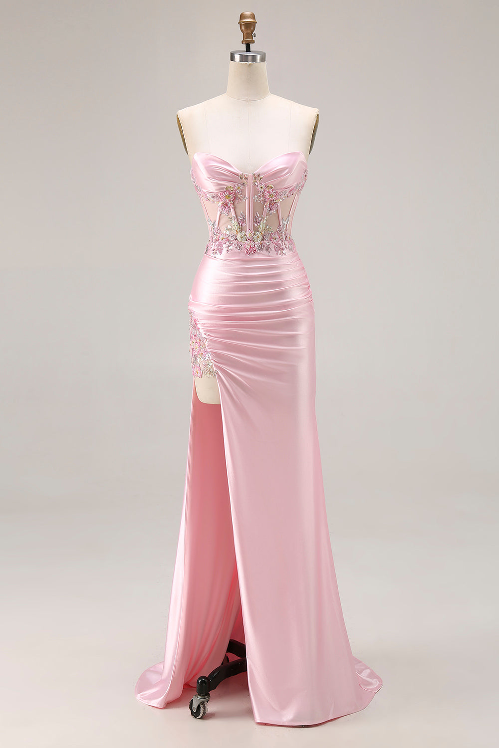 Sparkly Pink Corset Strapless Long Floral Prom Dress with Slit