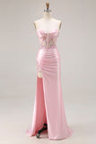 Sparkly Pink Corset Strapless Long Floral Prom Dress with Slit