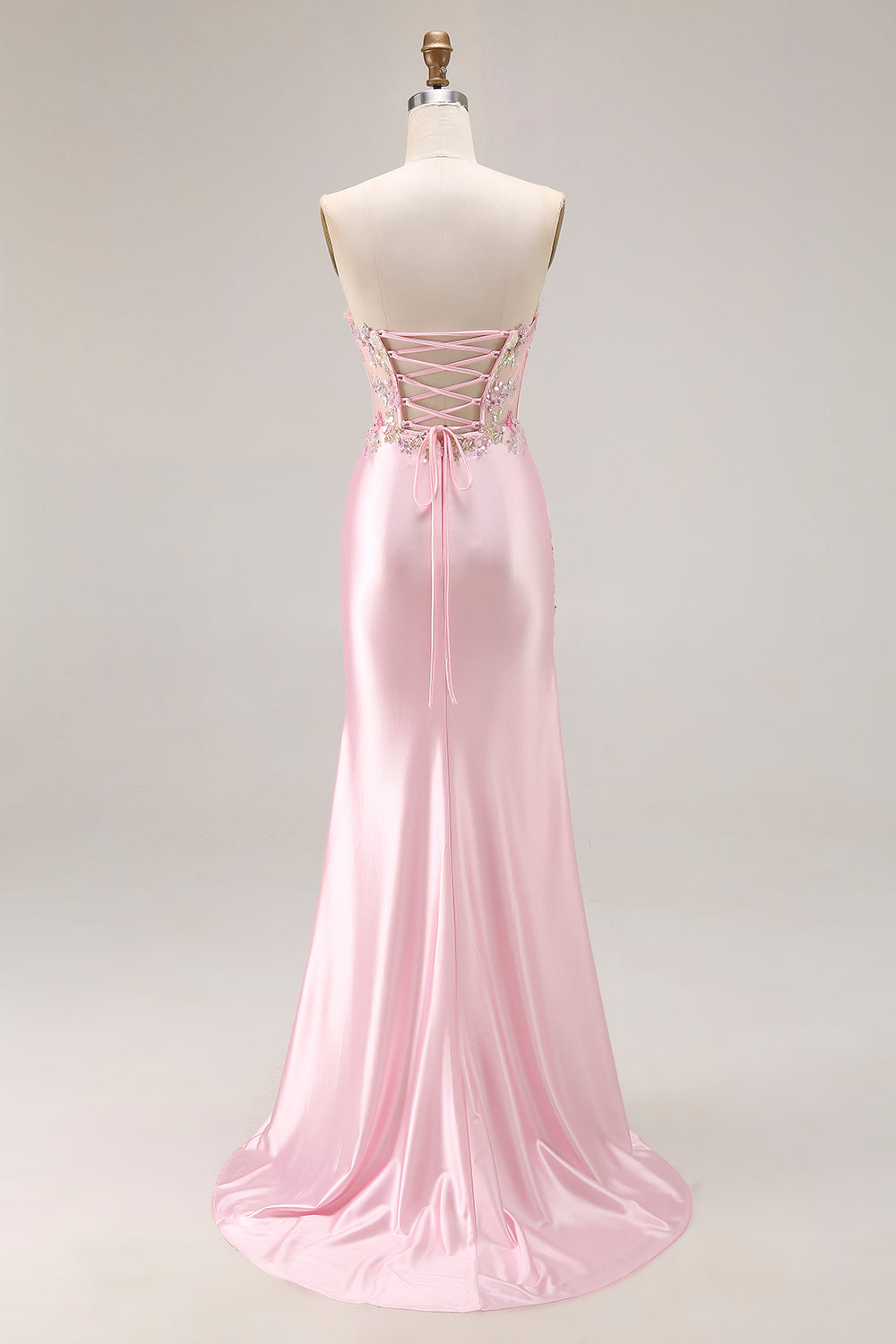 Sparkly Pink Corset Strapless Long Floral Prom Dress with Slit