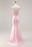 Sparkly Pink Corset Strapless Long Floral Prom Dress with Slit