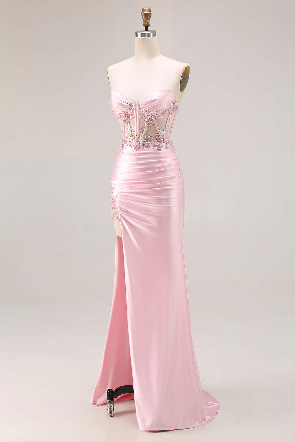 Sparkly Pink Corset Strapless Long Floral Prom Dress with Slit