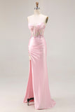 Sparkly Pink Corset Strapless Long Floral Prom Dress with Slit