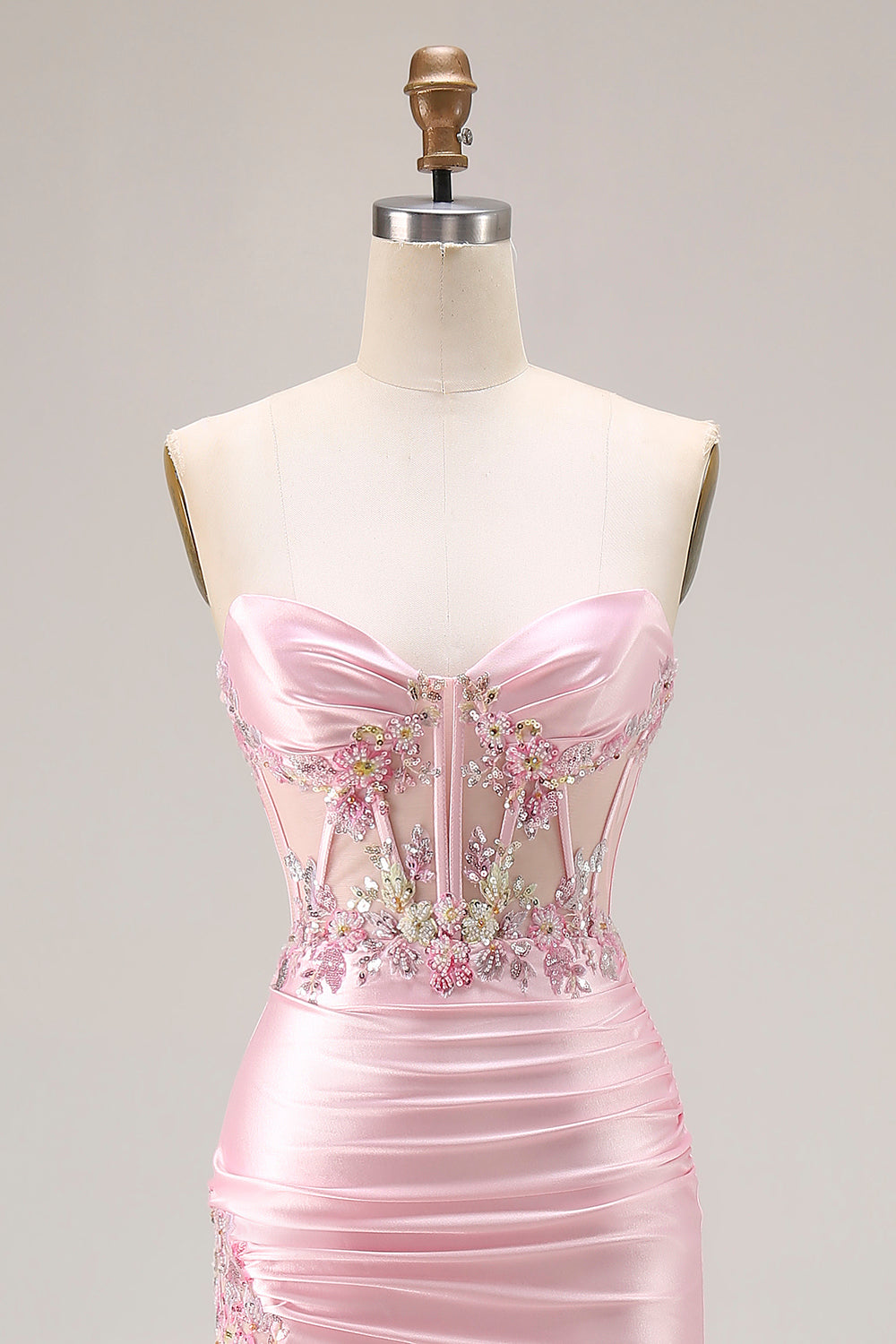 Sparkly Pink Corset Strapless Long Floral Prom Dress with Slit