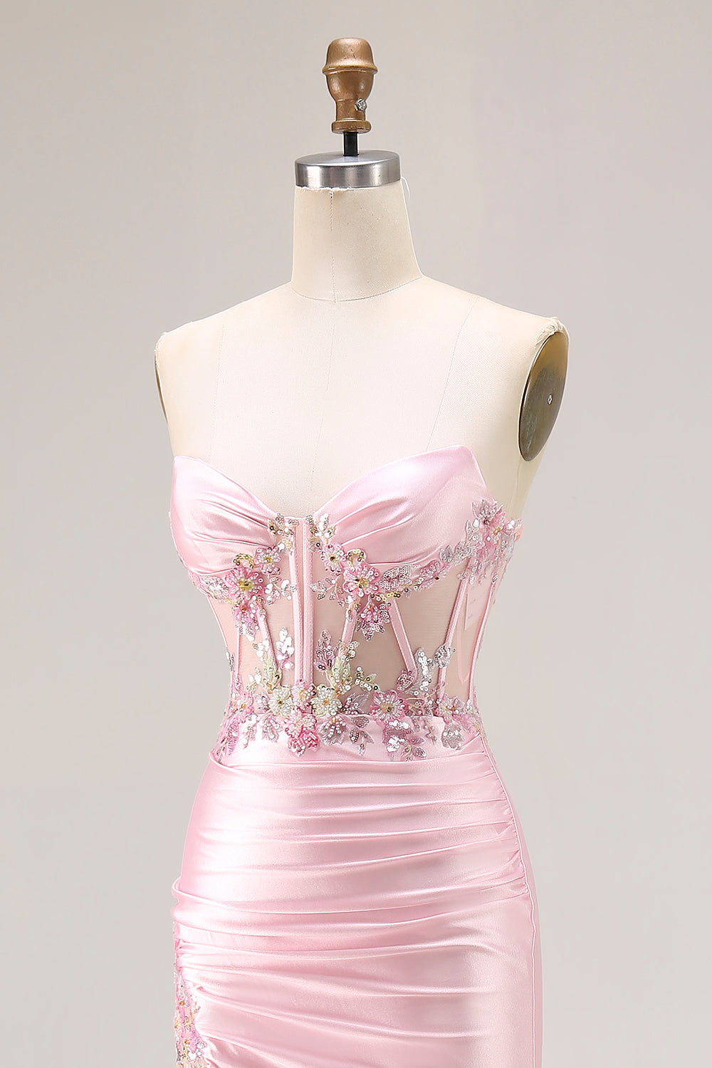 Sparkly Pink Corset Strapless Long Floral Prom Dress with Slit