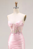 Sparkly Pink Corset Strapless Long Floral Prom Dress with Slit