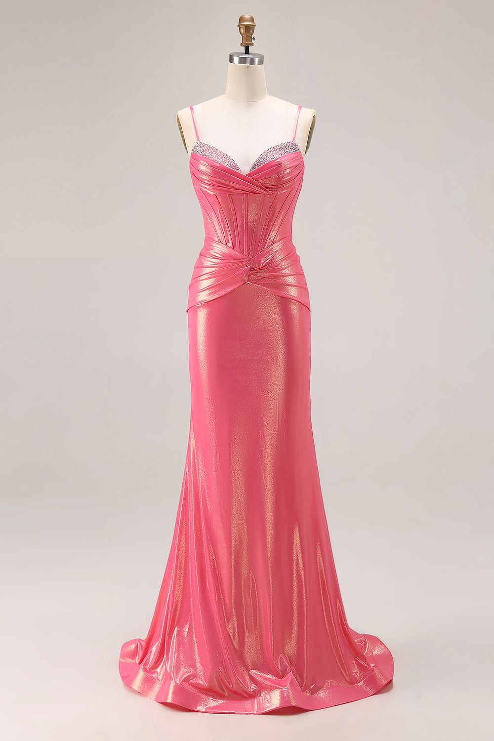 Sparkly Metallic Watermelon Corset Long Prom Dress with Beading