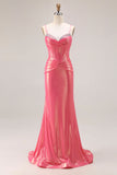 Sparkly Metallic Watermelon Corset Long Prom Dress with Beading