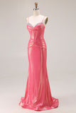 Sparkly Metallic Watermelon Corset Long Prom Dress with Beading