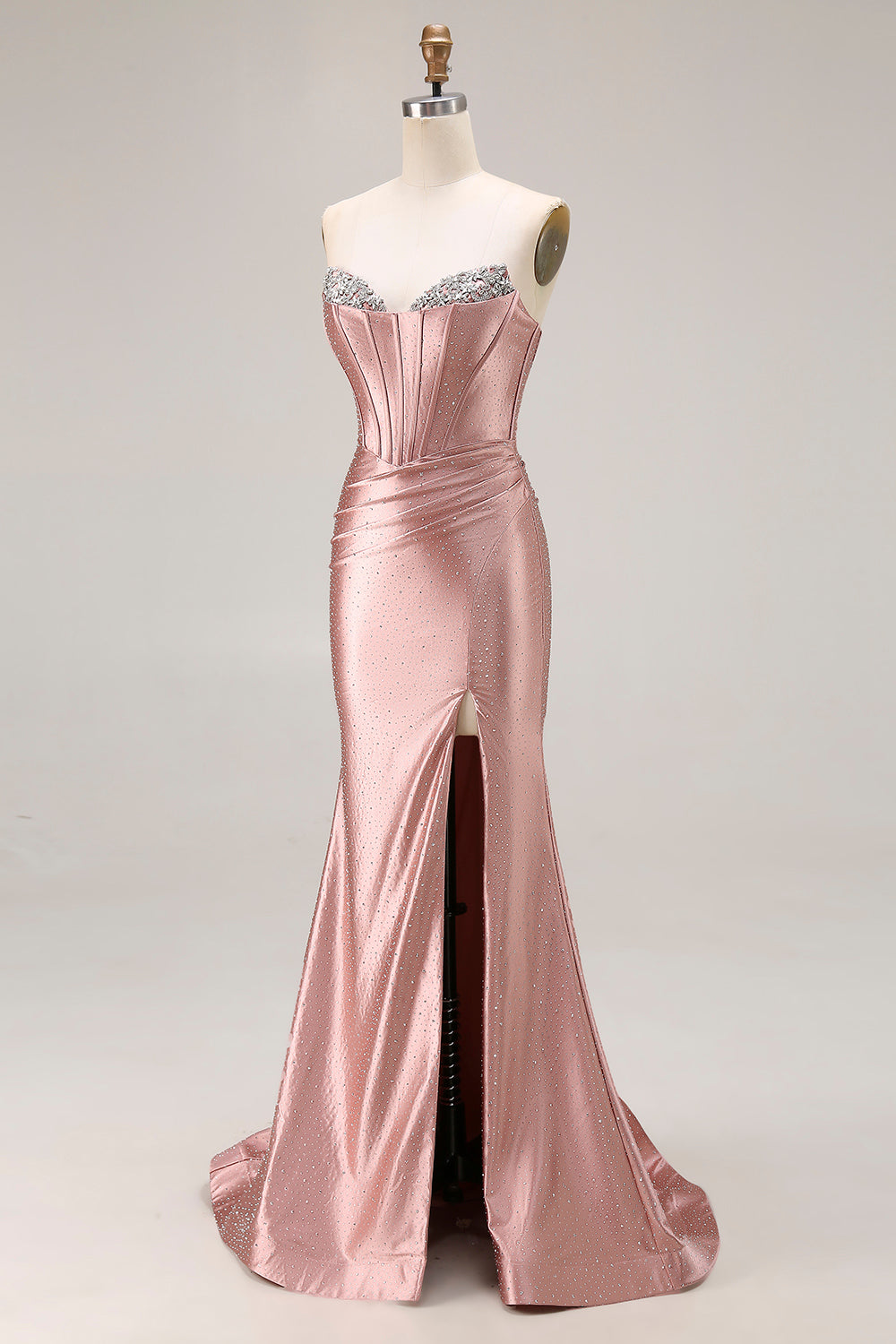 Sparkly Beaded Dusty Rose Mermaid Corset Long Prom Dress with Slit