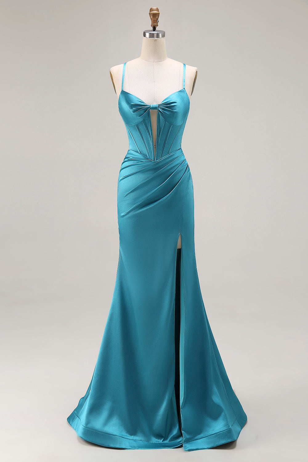 Peacock Blue Corset Satin Mermaid Maxi Prom Dress with Slit