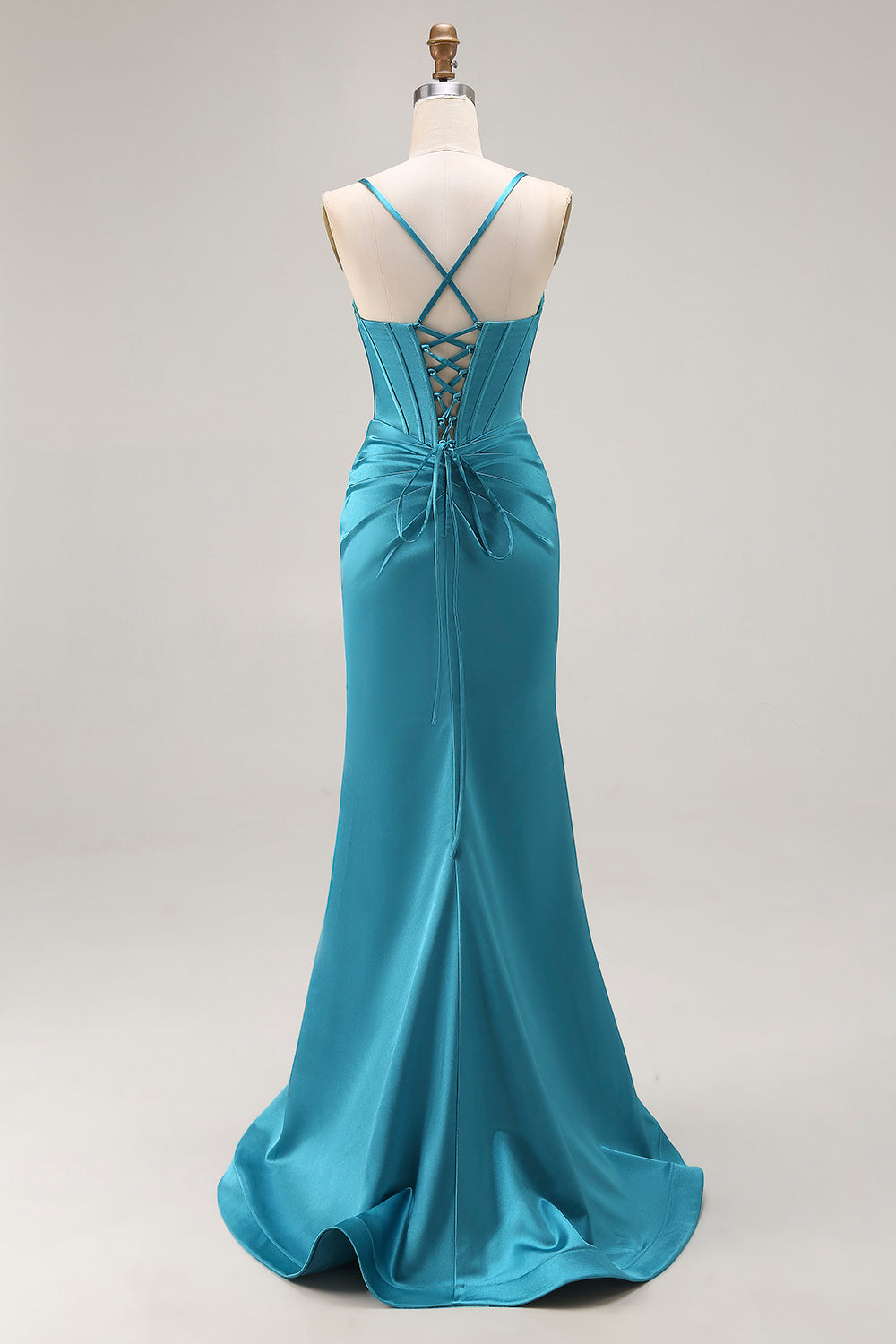 Peacock Blue Corset Satin Mermaid Maxi Prom Dress with Slit