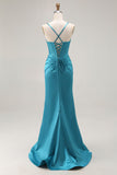 Peacock Blue Corset Satin Mermaid Maxi Prom Dress with Slit