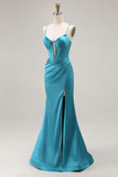 Peacock Blue Corset Satin Mermaid Maxi Prom Dress with Slit