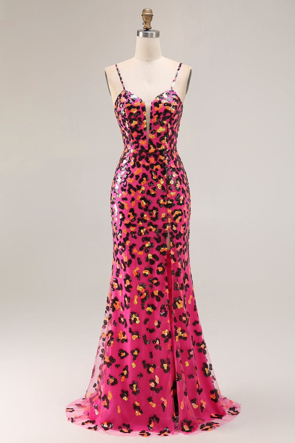 Sparkly Fuchsia Mermaid Long Leopard Prom Dress with Sequins