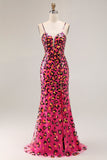 Sparkly Fuchsia Mermaid Long Leopard Prom Dress with Sequins