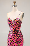 Sparkly Fuchsia Mermaid Long Leopard Prom Dress with Sequins