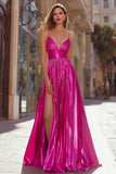 Sparkly Fuchsia Pleated Metallic Spaghetti Straps Long Prom Dress with Slit