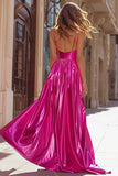 Sparkly Fuchsia Pleated Metallic Spaghetti Straps Long Prom Dress with Slit