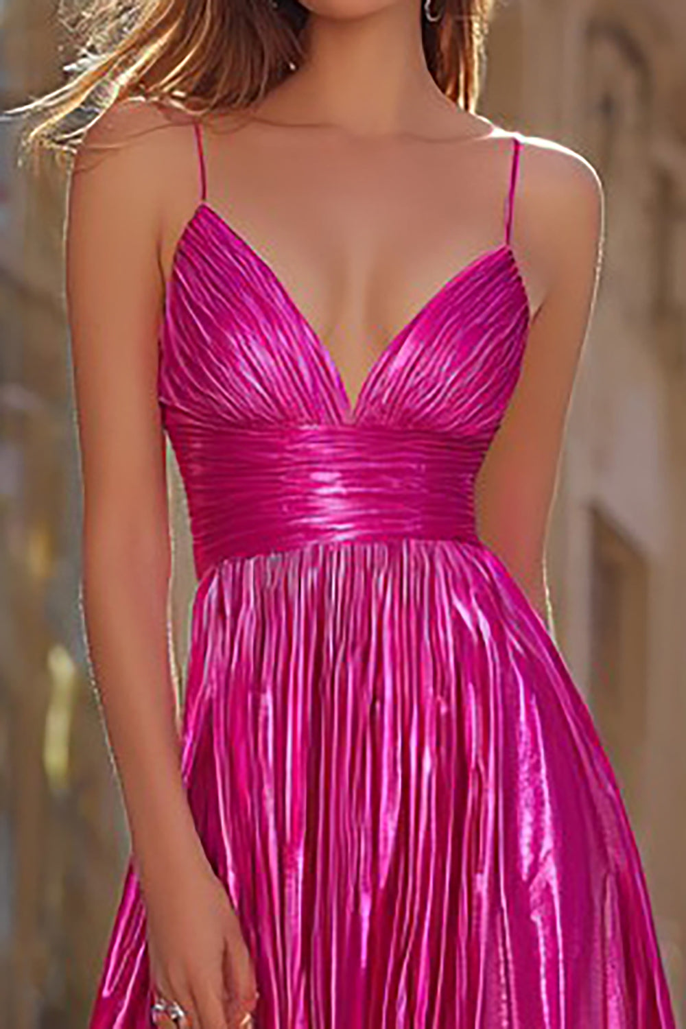 Sparkly Fuchsia Pleated Metallic Spaghetti Straps Long Prom Dress with Slit