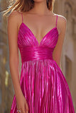 Sparkly Fuchsia Pleated Metallic Spaghetti Straps Long Prom Dress with Slit