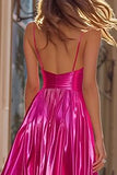 Sparkly Fuchsia Pleated Metallic Spaghetti Straps Long Prom Dress with Slit