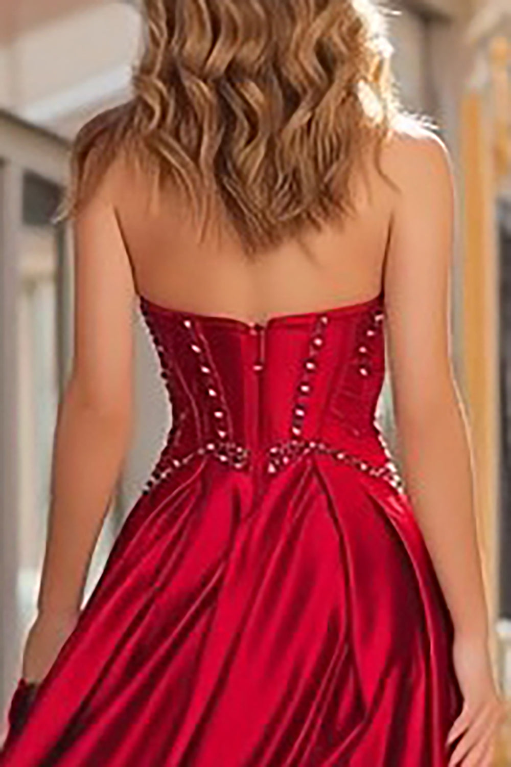 Sparkly Beaded Red Strapless Corset Long Prom Dress with Slit