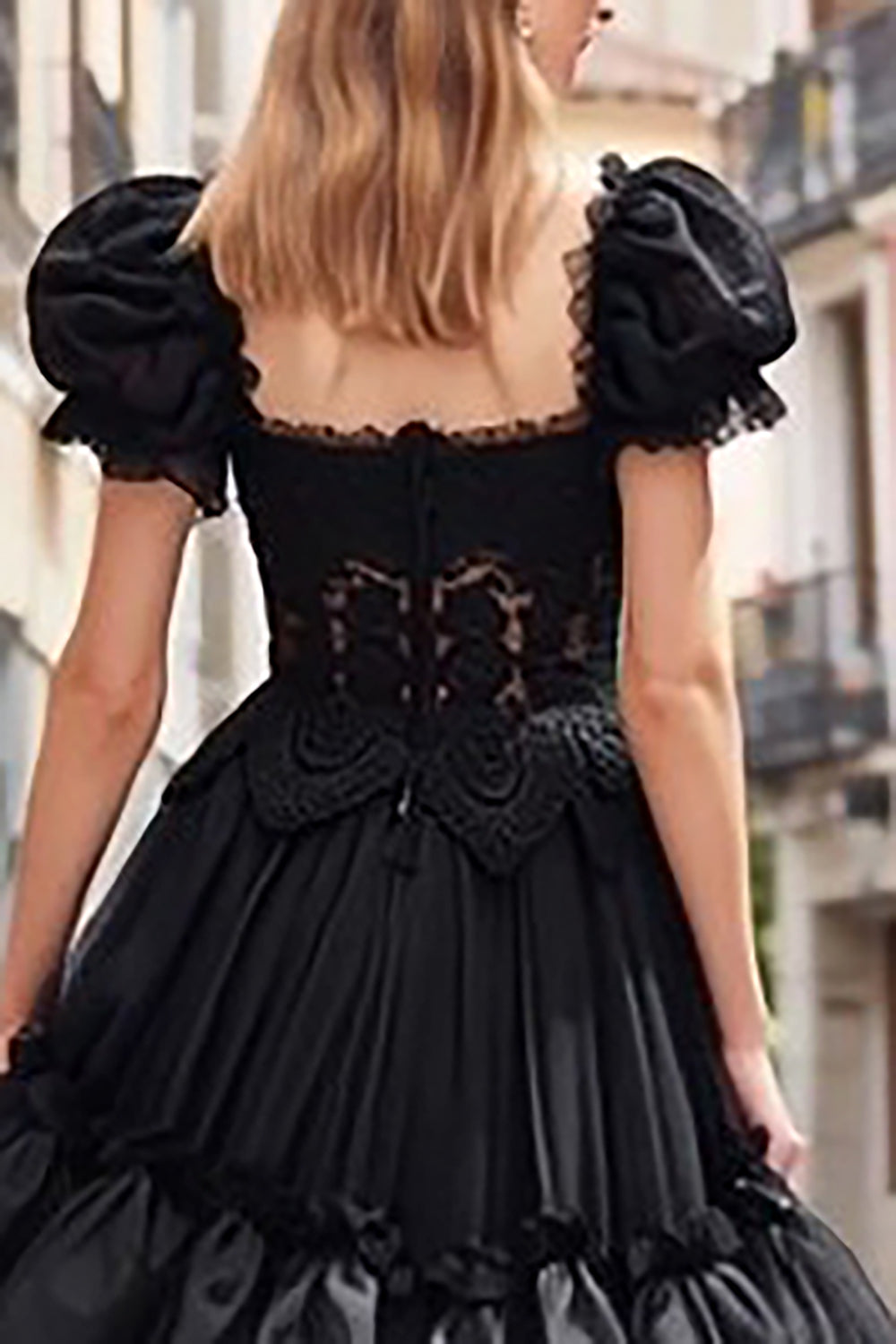 Black Ruffled Tulle A Line Long Prom Dress with Lace