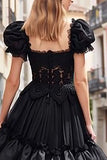 Black Ruffled Tulle A Line Long Prom Dress with Lace